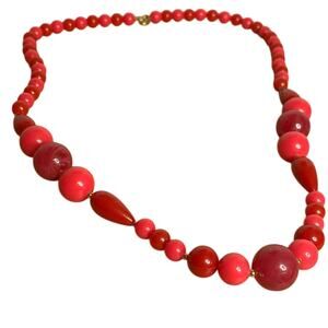 Pink and red circular beaded acrylic fashion statement necklace 31”